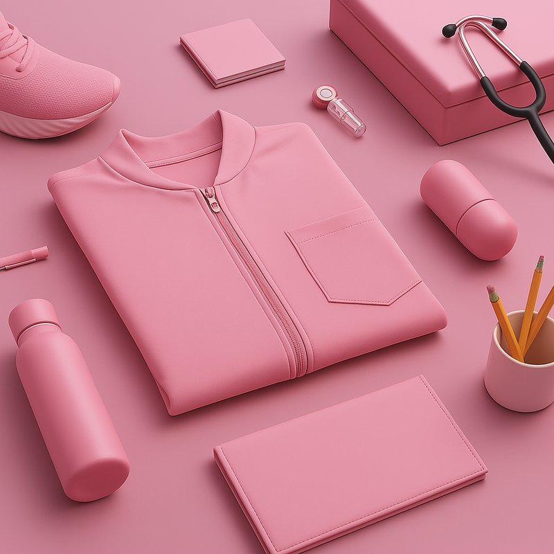 Blush pink Nila Scrubs medical scrub set flat lay with clinical essentials for healthcare professionals