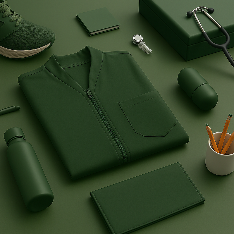 Forest green Nila Scrubs medical scrub set flat lay with clinical essentials for healthcare professionals