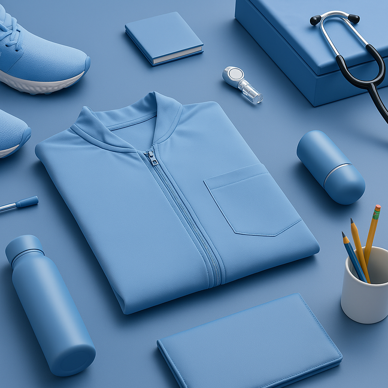 Light blue Nila Scrubs medical scrub set flat lay with clinical essentials for healthcare professionals