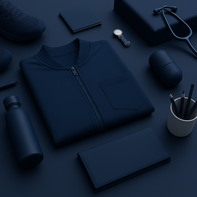 Navy Nila Scrubs medical scrub set flat lay with clinical essentials for healthcare professionals