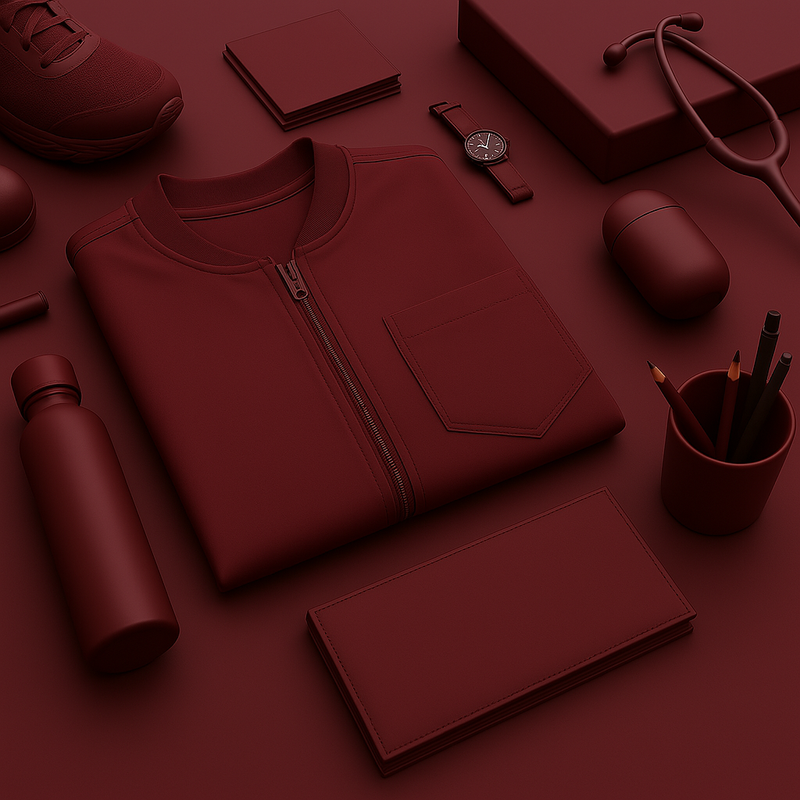 Wine red Nila Scrubs medical scrub set flat lay with clinical essentials for healthcare professionals